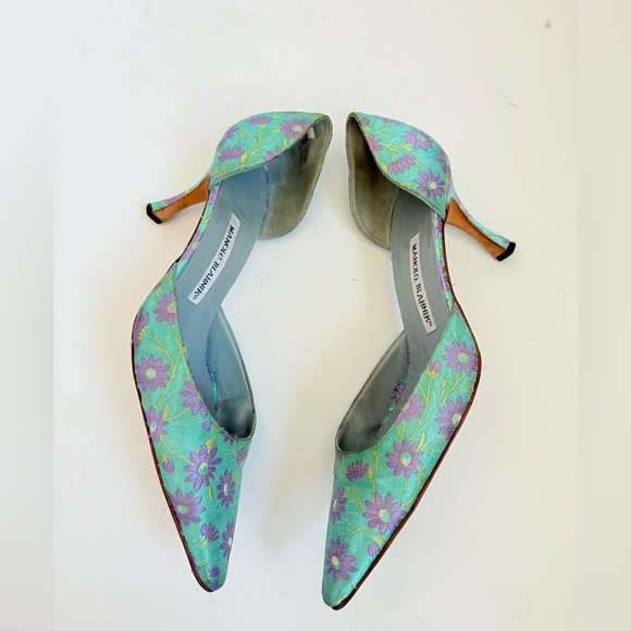 Manolo Blahnik Vintage Aqua Blue Lavender Floral Brocade D’orsay Pumps EU 39.5 - Picture 3 of 7